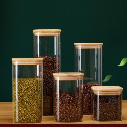 Qaecmly Glass Kitchen Containers Set – 5-Piece Airtight Storage Jars with Bamboo Lids for Pantry, Coffee, Sugar & Spices